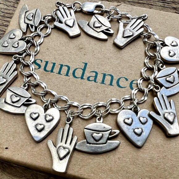 Sundance $538 NEW 7.5” Heart Hand Hat Silver Double Link Charm Handmade Bracelet - Picture 14 of 15